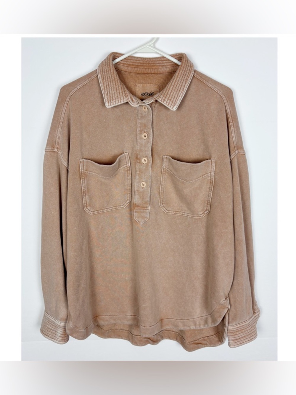 Aerie Popover Polo Sweatshirt Small Tan 
Oversized Button Collar French
Terry